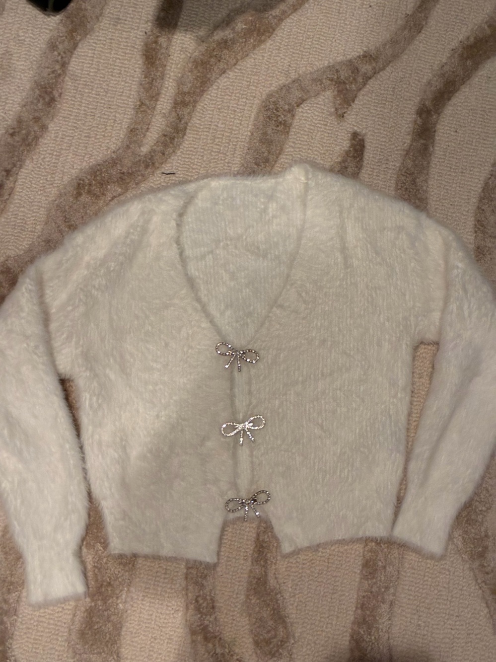 White Fuzzy Bow-Closure V-Neck Sweater - Women